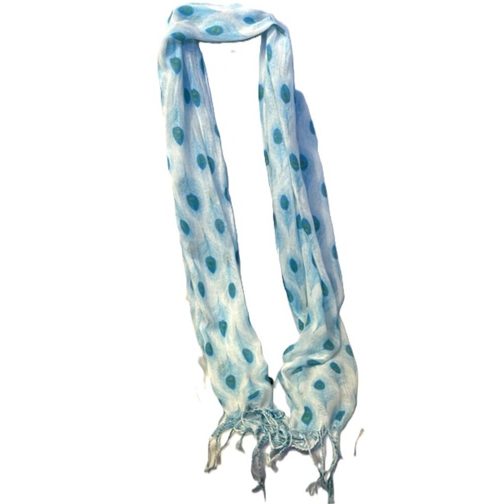 Vintage Peacock Feather Blue Green Scarf with End Fringe 60 x 24 Rectangle